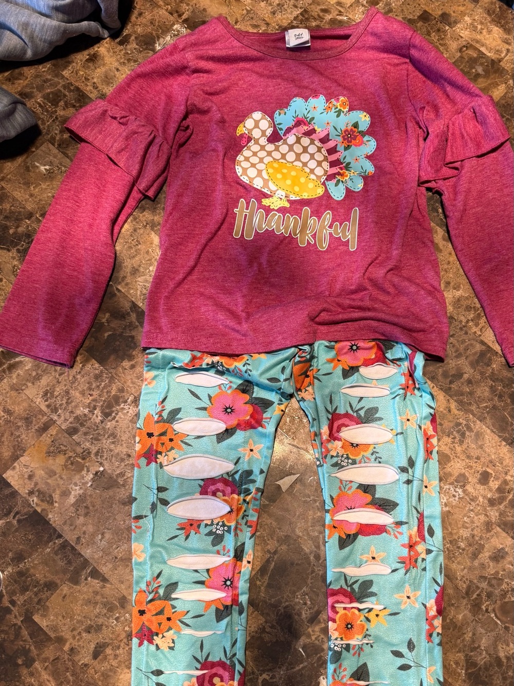 Kids Thankful Turkey Matching Set - Magenta Top & Teal Floral Leggings